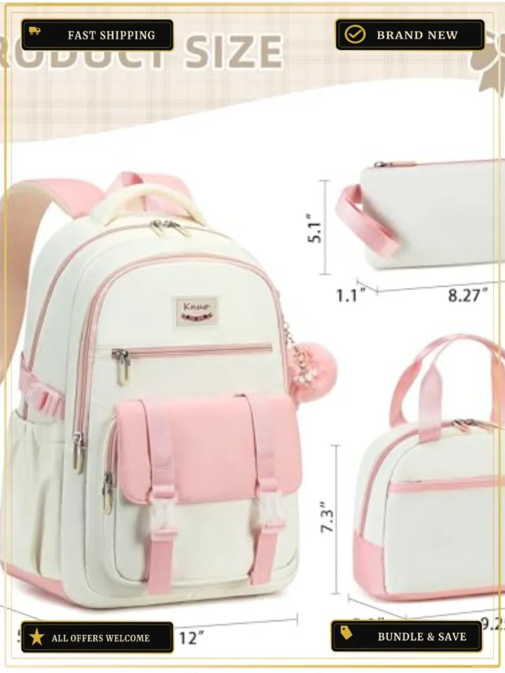 3pc Backpack Set with Lunch Bag & Pencil Case, Water-Resistant Laptop Backpack